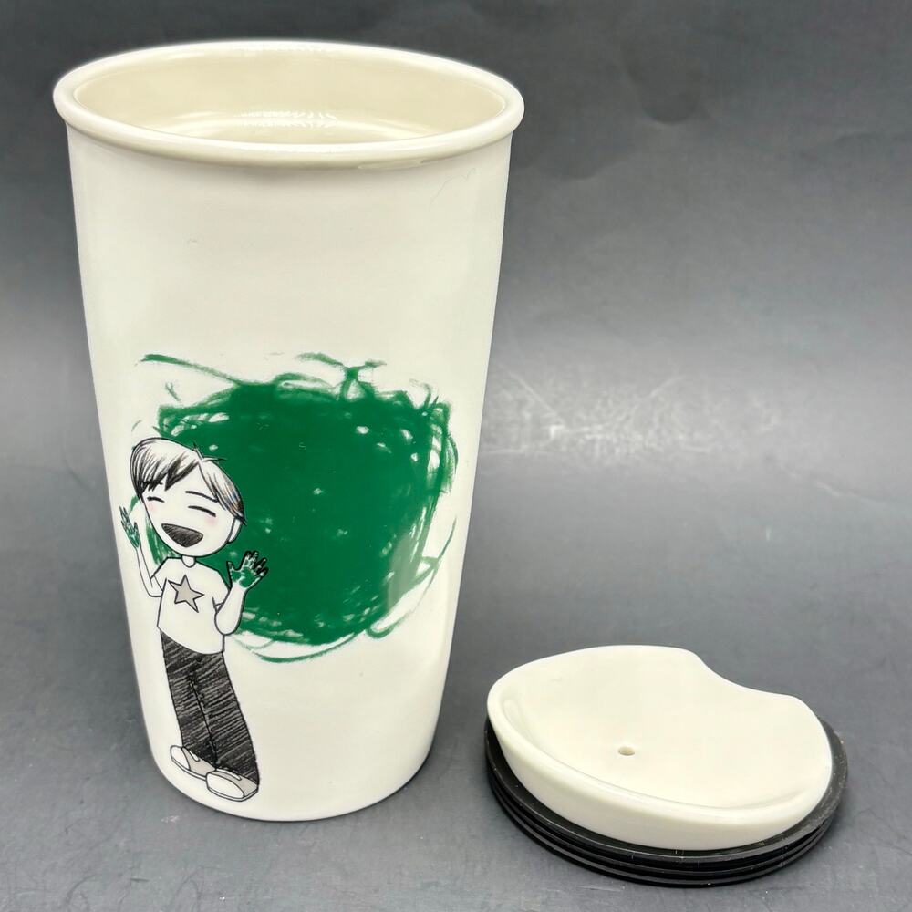 Starbucks Ceramic Travel Tumbler Green Dot Painting Child 12oz Coffee Cup 2015 - Picture 3 of 8